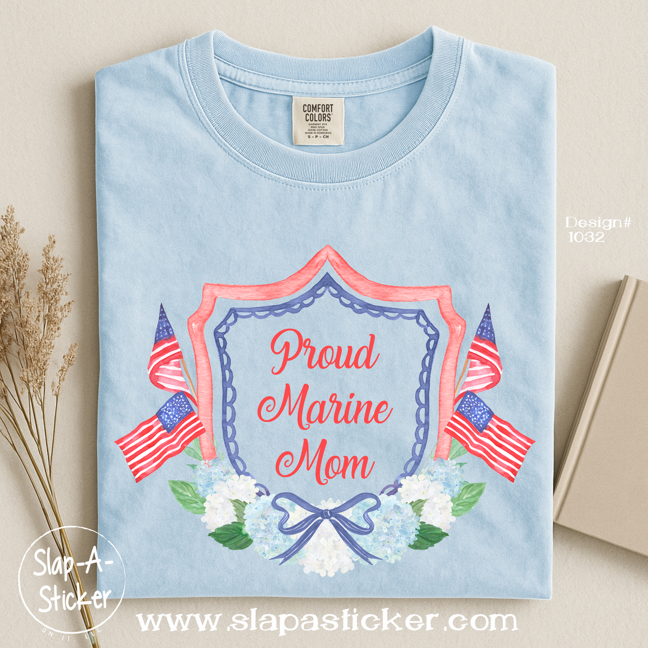 USMC PATRIOTIC CREST 1032 - SLAP-A-STICKER ON IT - COMFORT COLORS -  1717 TEE