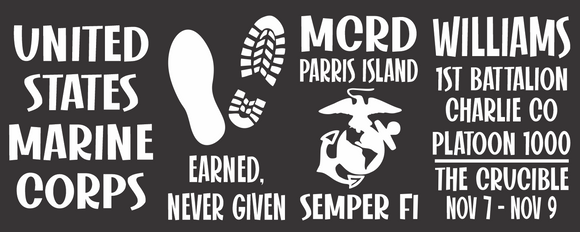 DIY CRUCIBLE LANTERN STICKERS - MCRD PARRIS ISLAND OR MCRD SAN DIEGO - FREE PERSONALIZATION - THESE WILL SHIP WITHIN 2 WEEKS IF ORDERED WITHOUT SHIRTS.  IF ORDERED WITH SHIRTS, THEY WILL SHIP IN 3 WEEKS.  PLEASE ALLOW 3-5 DAYS FOR TRANSIT.