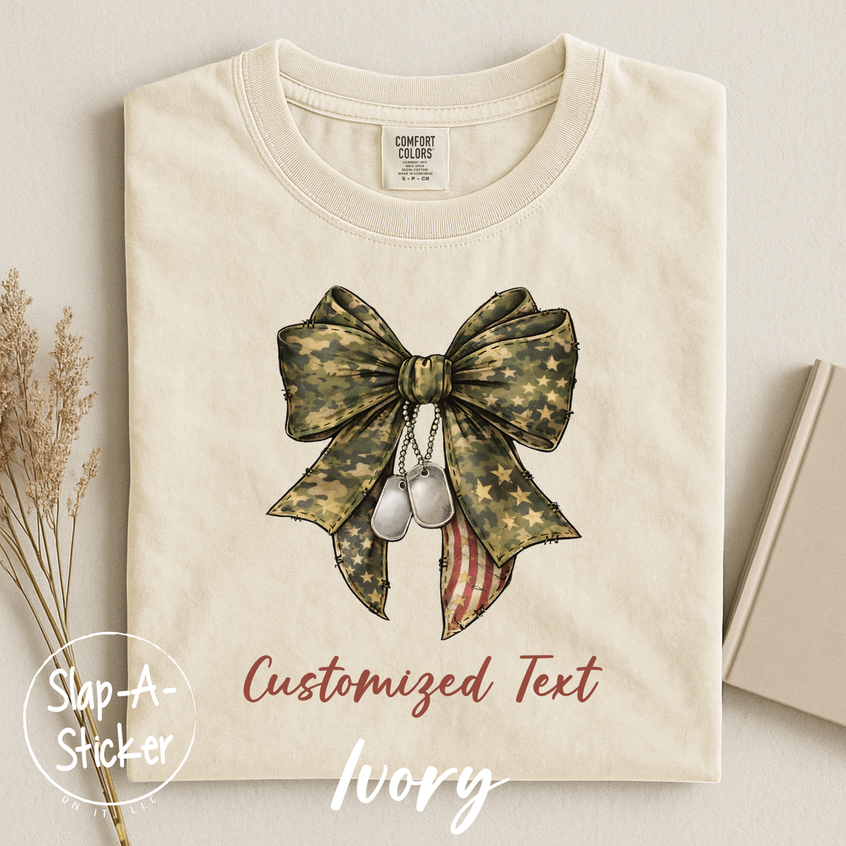 USMC - CAMO BOW WITH FLAG  - SLAP-A-STICKER ON IT - COMFORT COLORS -  1717 TEE
