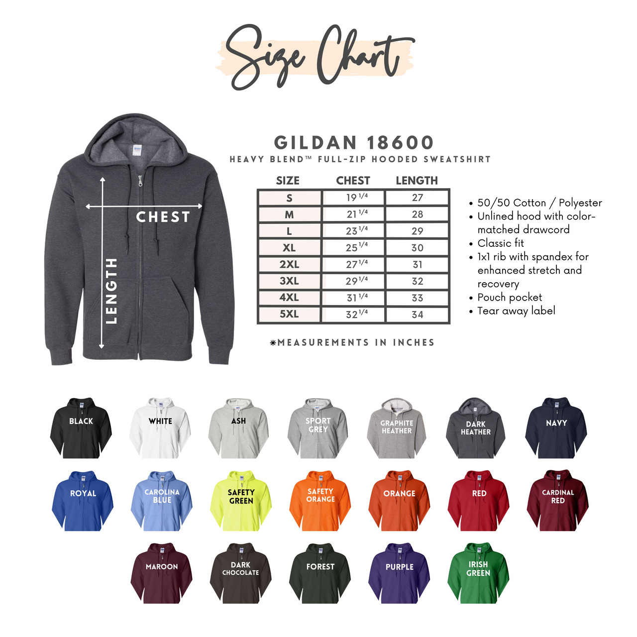 GILDAN 18600 Unisex FULL ZIP - HOODED SWEATSHIRT HOODIE - BUILD YOUR OWN SHIRT