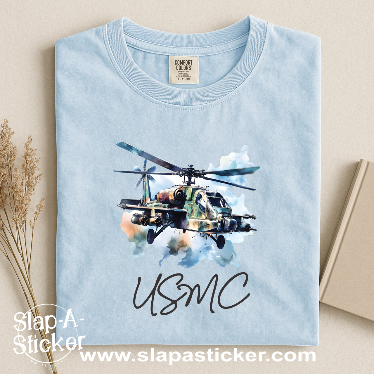 HELECOPTER USMC SLAP-A-STICKER ON IT - COMFORT COLORS -  1717 TEE