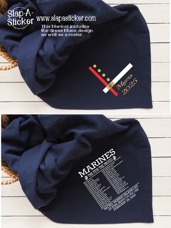 USMC Dress Blues Themed Roster Blanket - PLEASE DO NOT ORDER THIS ITEM WITH GRAD SHIRTS.  IT WILL SHIP AFTER GRADUATION.